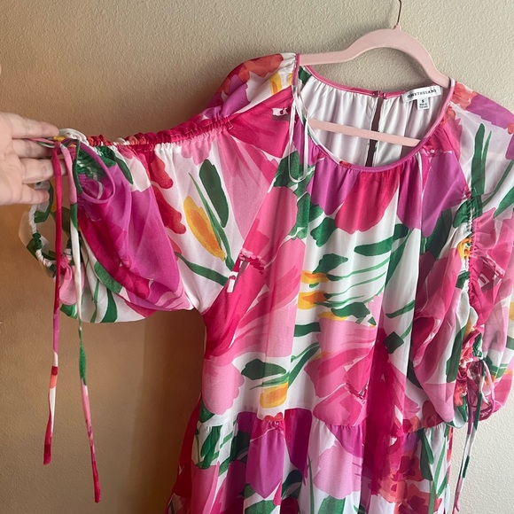 Bright Pink Floral Tiered Casual Dress with Green Accents - Women's - Picture 4 of 9